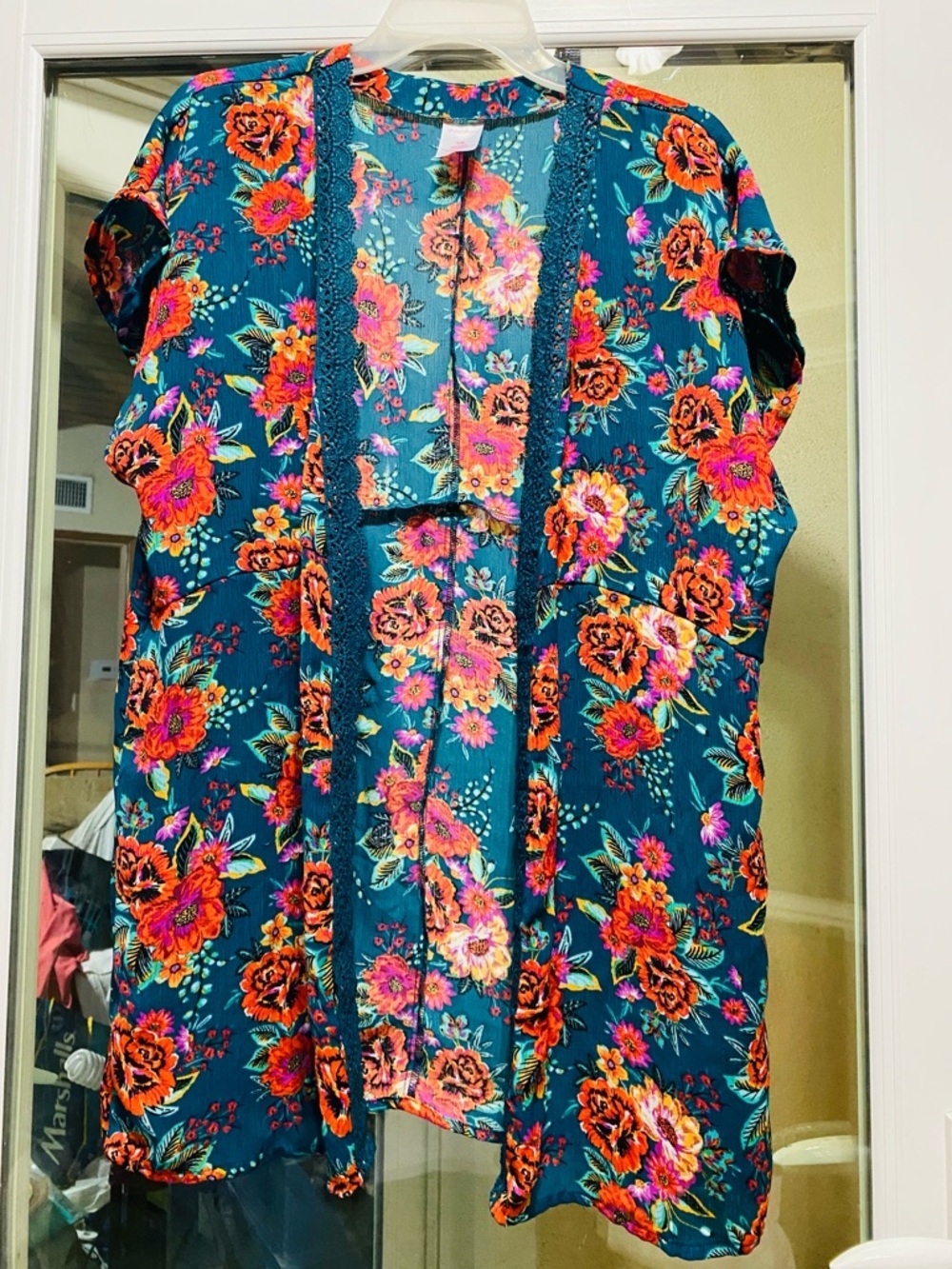 Xhilaration Floral Kimono Teal Boho Cardigan Lace Trim Open Front ROBE S/M